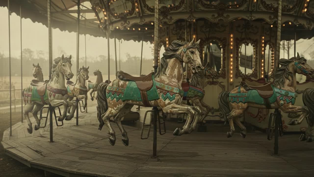 A Nostalgic Carousel of Wooden Horses Capturing the Essence of Whimsical Rides and Enchanted Memories in a Vintage Amusement Park Setting