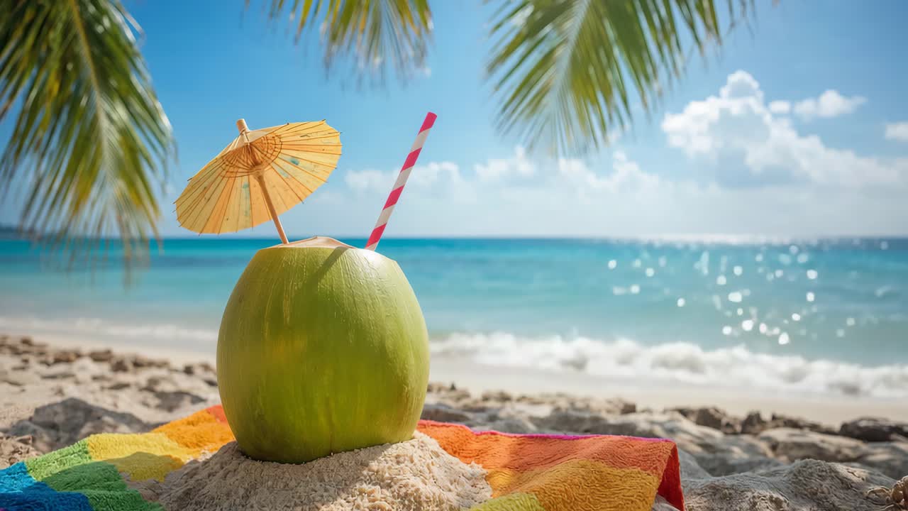 Tropical Coconut Drink on a Beach