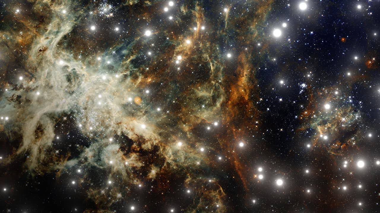 Stars Fly Through with Galactic Space Gas and Dust Clouds. Interstellar Exploration Photo Animation. Space Background 3D Abstract ProRes 4K.