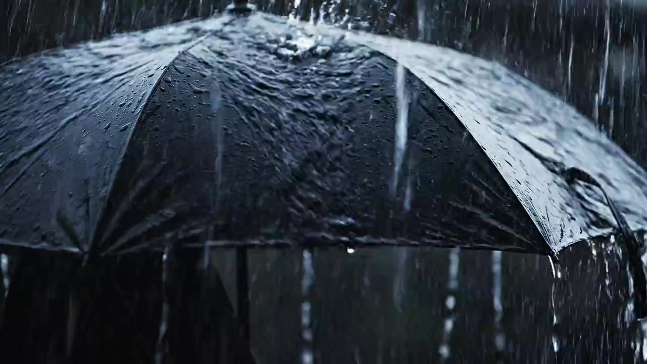Close up of heavy rain falling on a black umbrella