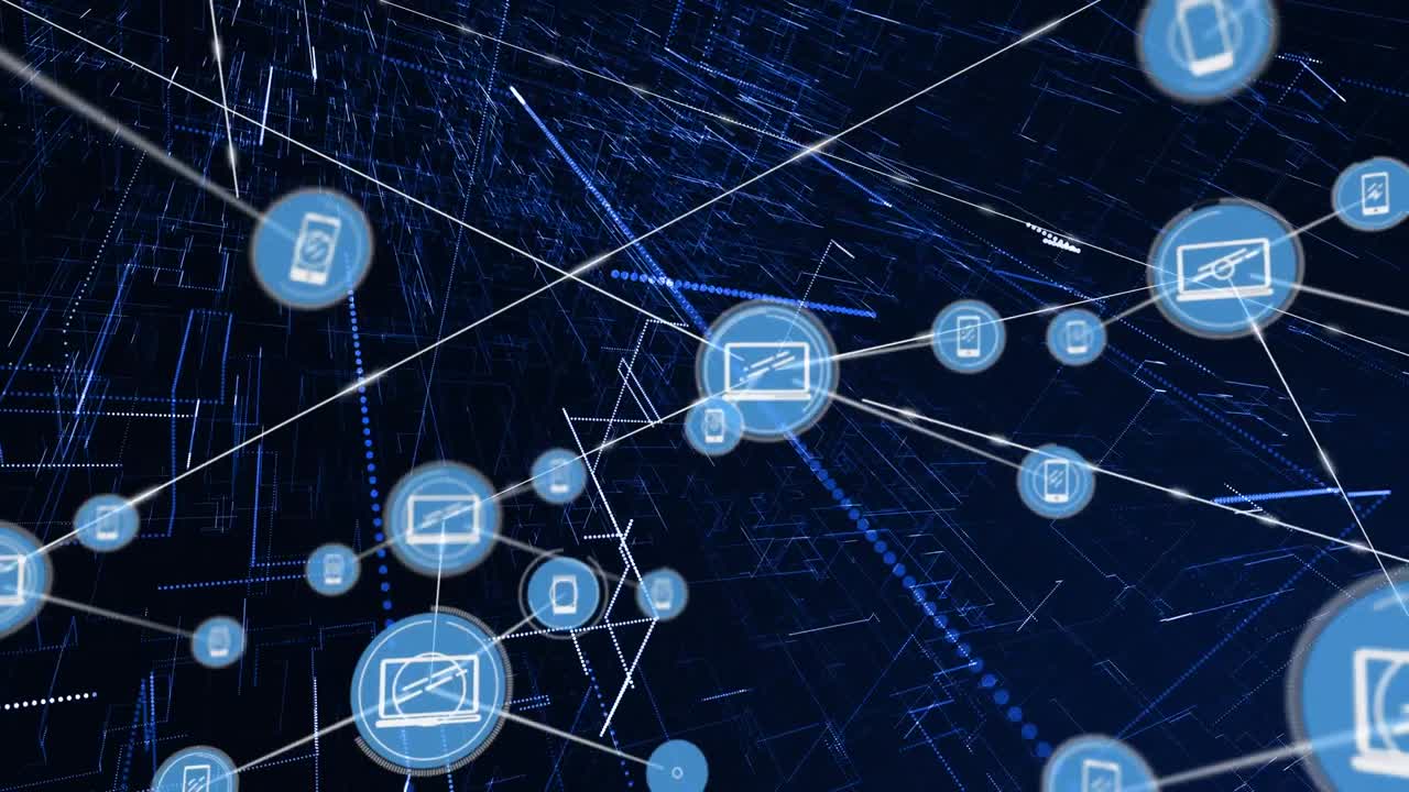 animación de la red de conexiones de iconos de computadoras portátiles en fondo negro y azul