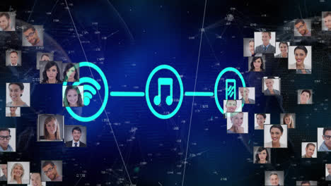 Animation-Von-Symbolen-Und-Netzwerk-Von-Verbindungen-Auf-Dunklem-Hintergrund