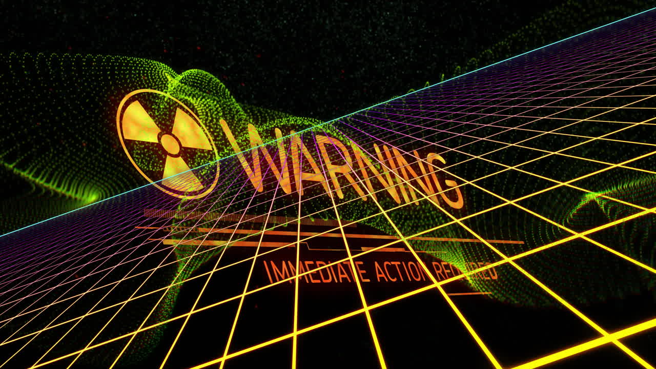 Animation of warning text and radiation symbol over digital grid with glowing lines