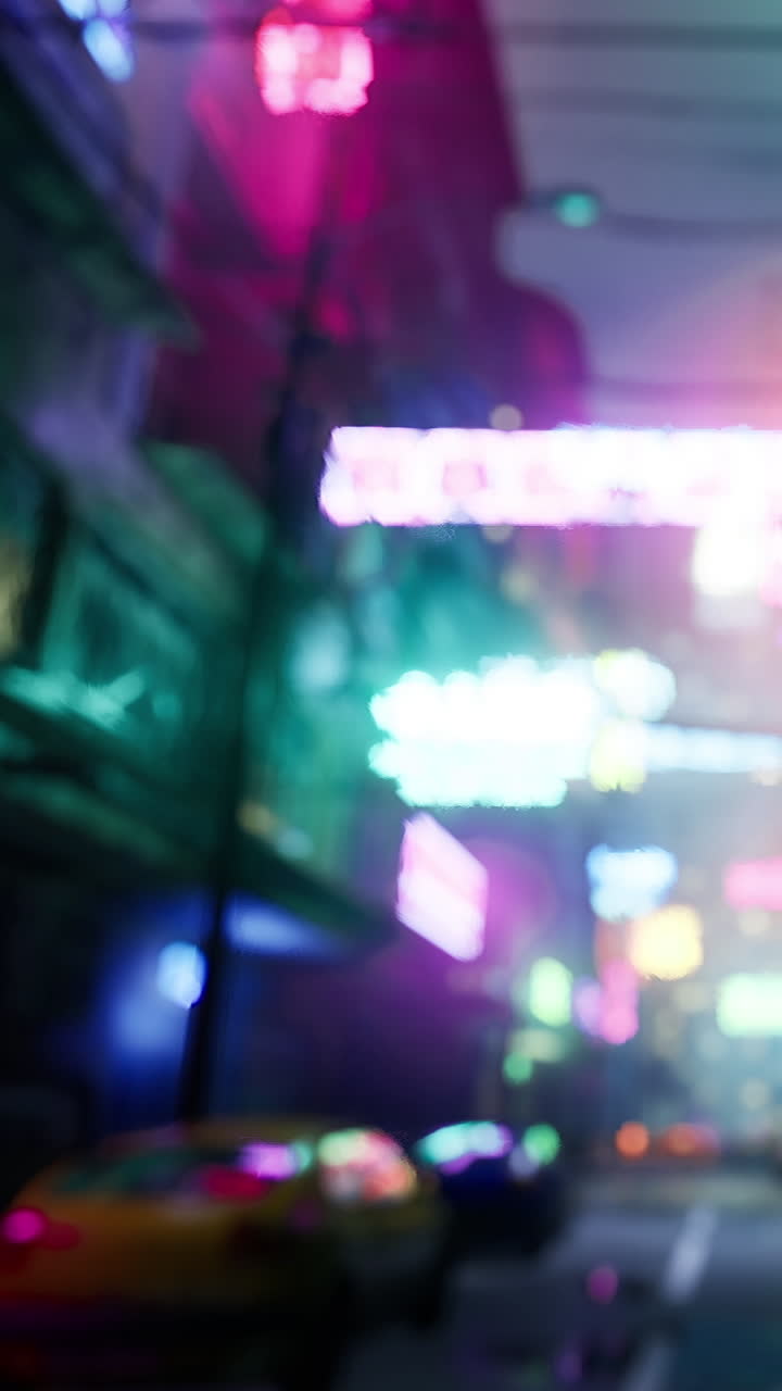 City street filled with neon lights at night in an urban setting