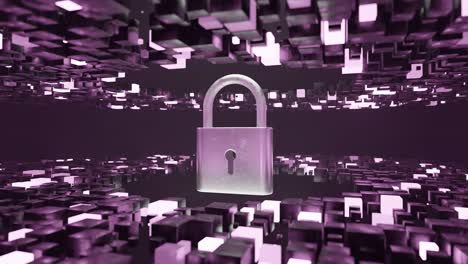 Metallic padlock floating in digital 3D environment made of abstract pink glowing cubes. Cybersecurity and data protection concept. Design for banner, poster, wallpaper. Futuristic.