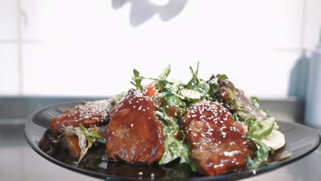 warm salad with veal. tasty and nutritious food