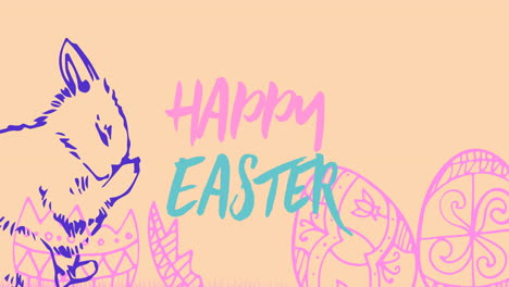 animation of happy easter text with easter bunny and decorated easter eggs on yellow background