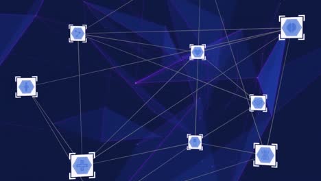 Animation-of-network-of-connections-with-medical-icons-on-purple-background