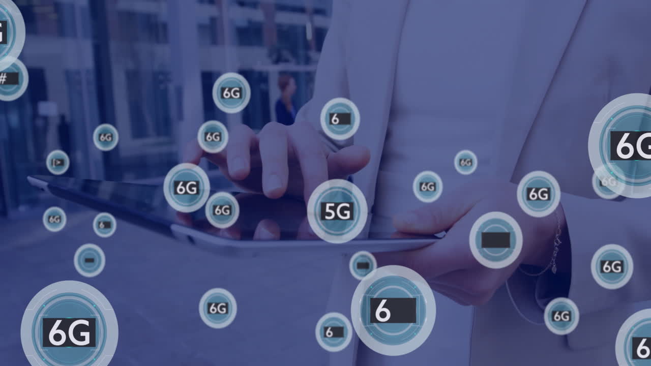 Using tablet with 6G technology icons floating around in animation