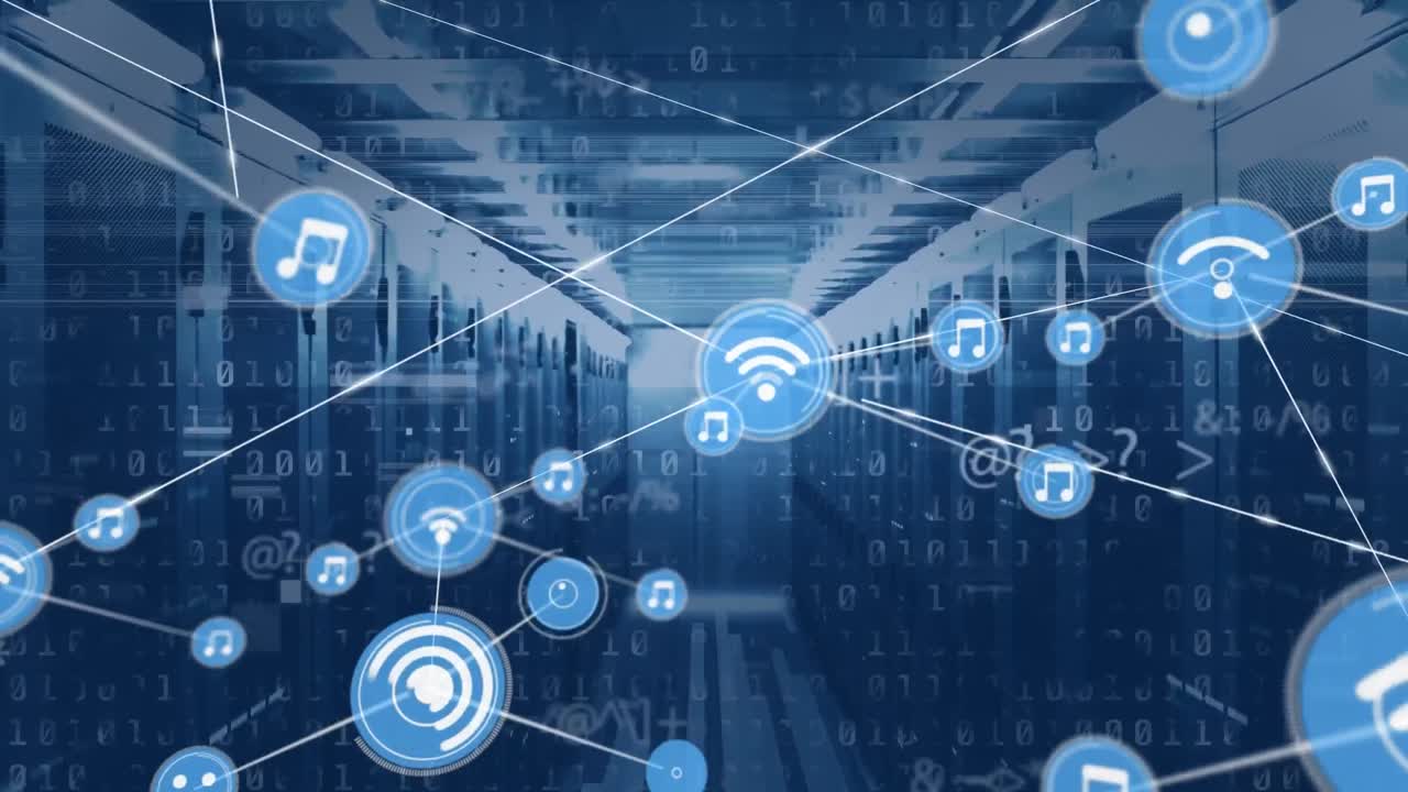 Animation of networks of connections with icons and binary coding over computer servers