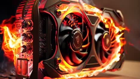 a close up of a video card with flames coming out of it