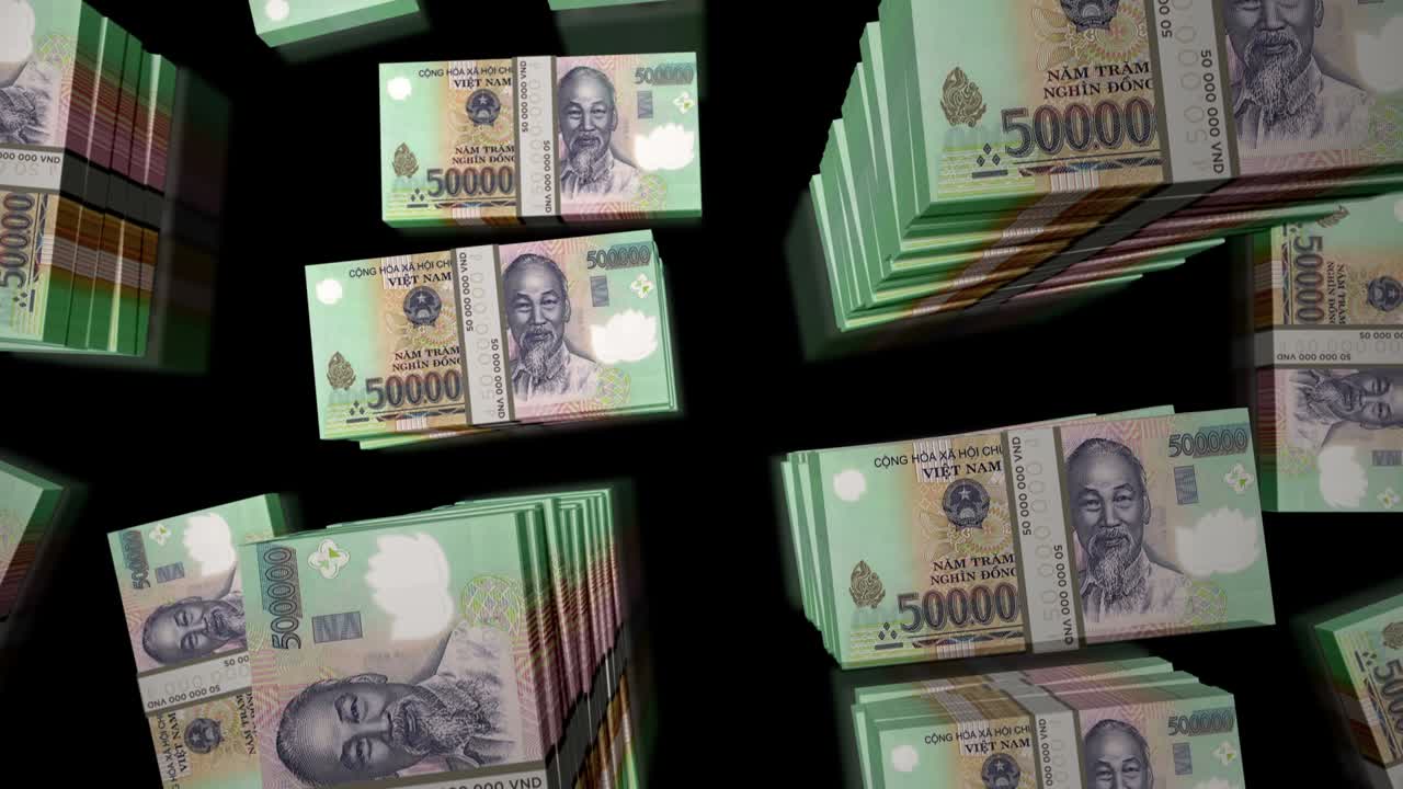 vuelo sobre el dinero de vietnam dong paquetes de billetes animación de bucle