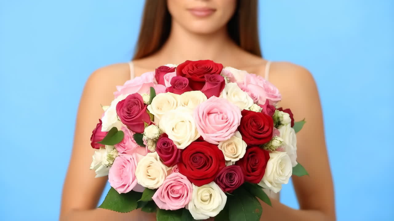 Donna che tiene in mano un bellissimo bouquet di rose colorate