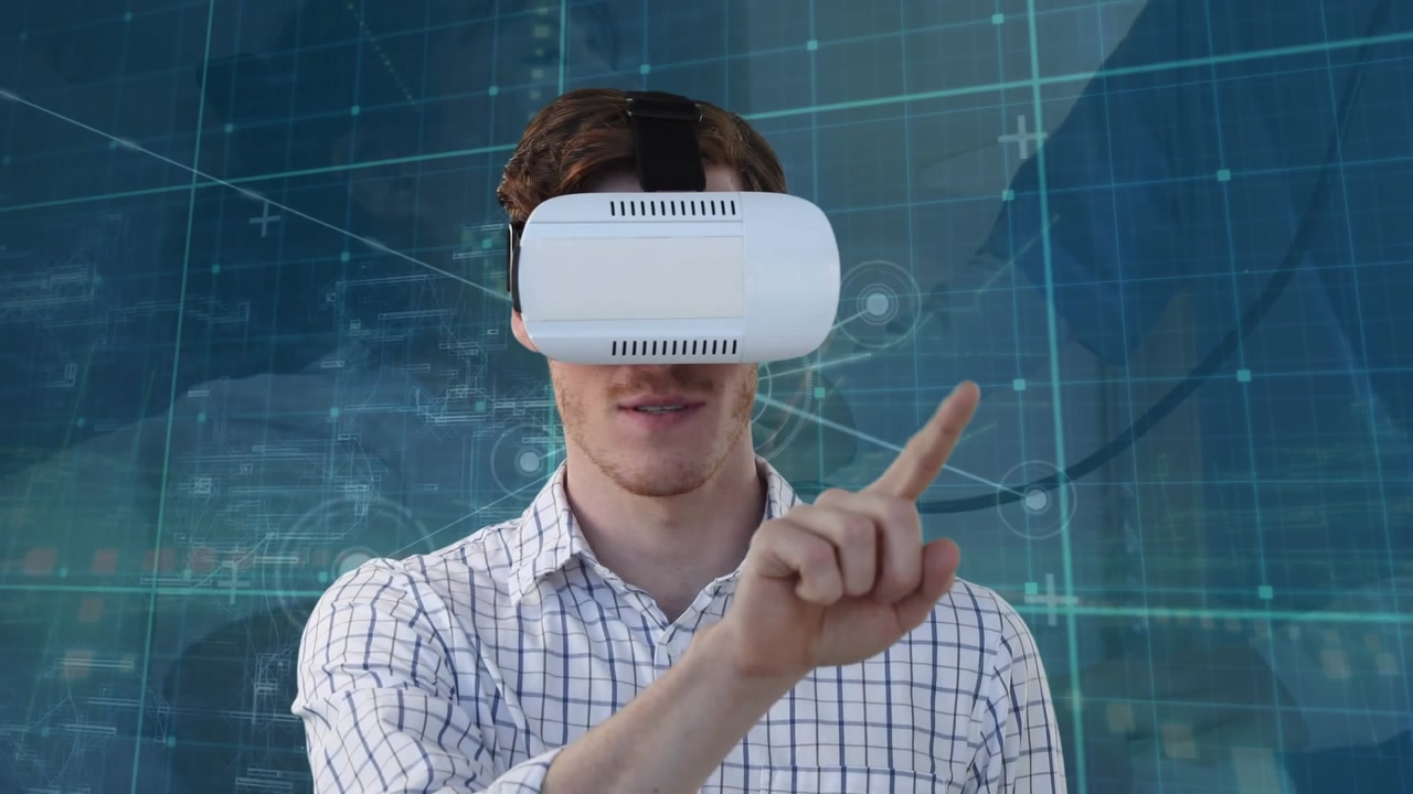 Animation of caucasian man wearing vr headset over drawing model of van and grid