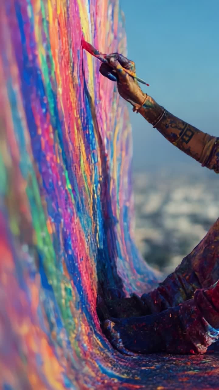Vivace maestria artistica: un colorato viaggio catturato in due fotogrammi di un artista che crea uno spettacolare murale arcobaleno con pennellate dinamiche e movimenti appassionati