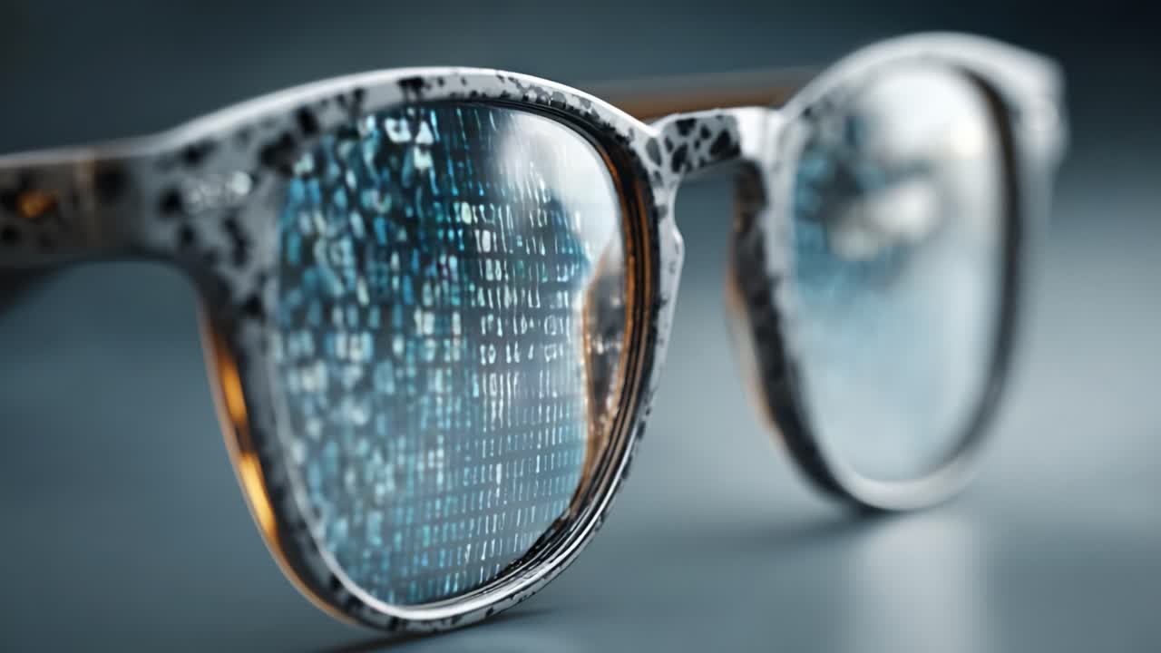 Luminous Glasses Displaying Glowing Binary Code Reflection in a Modern Tech Environment, Highlighting the Intersection of Vision and Digital Data Interpretation