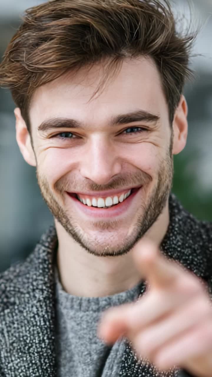 A Cheerful Young Man Displaying Joy and Confidence with a Friendly Smile and Engaging Gesture, Captured in Two Dynamic Frames of Personality and Charm