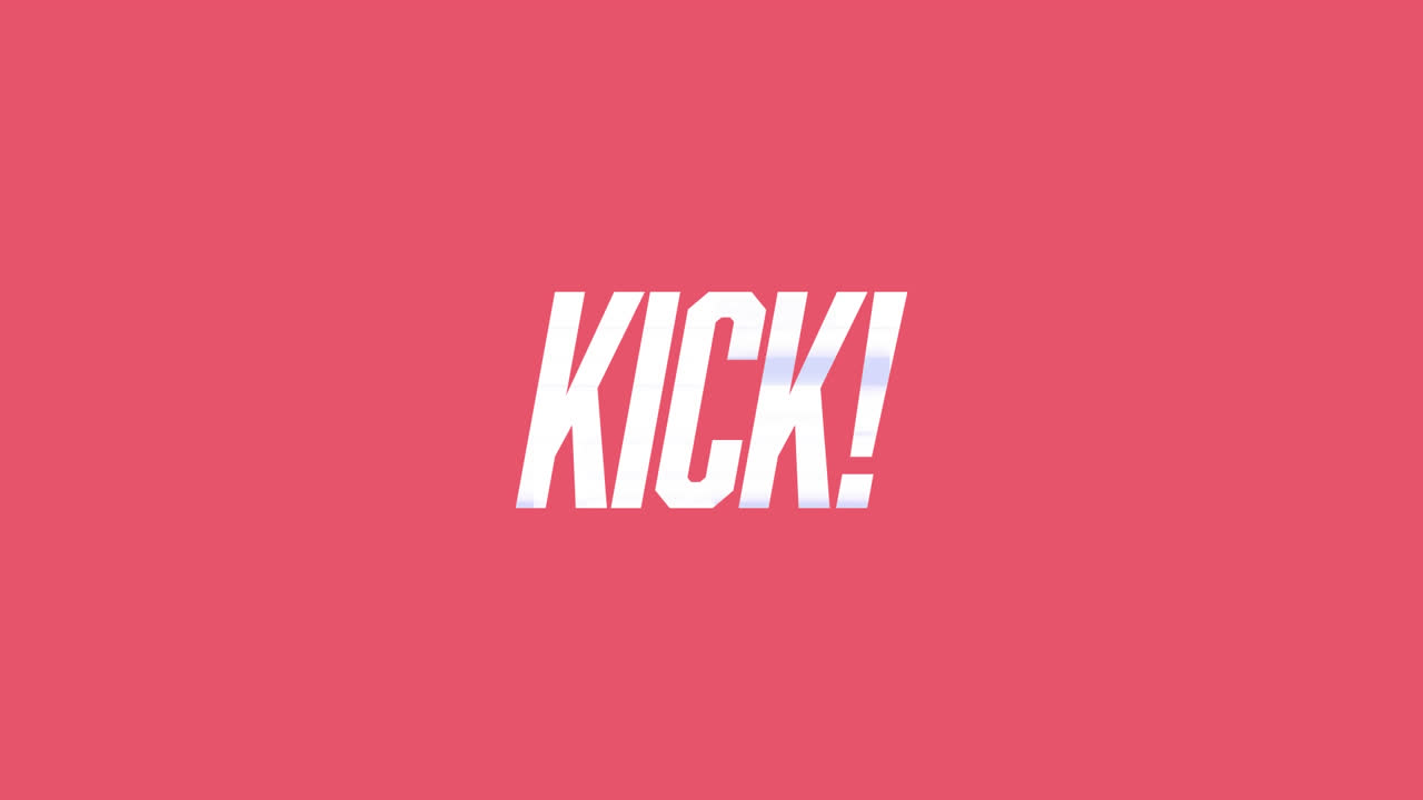 Animazione del testo "kick" in bianco, su forme a capsula rosa e viola su sfondo rosa