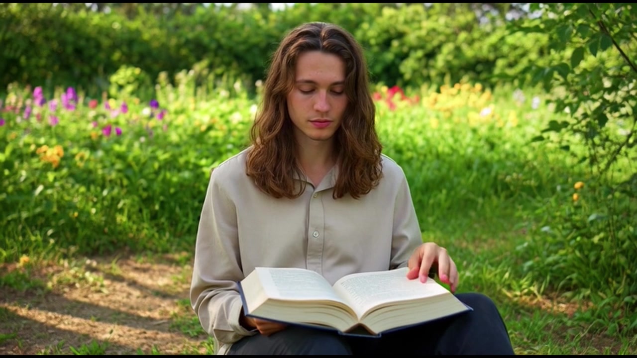 Giovane uomo che legge un libro in un giardino soleggiato