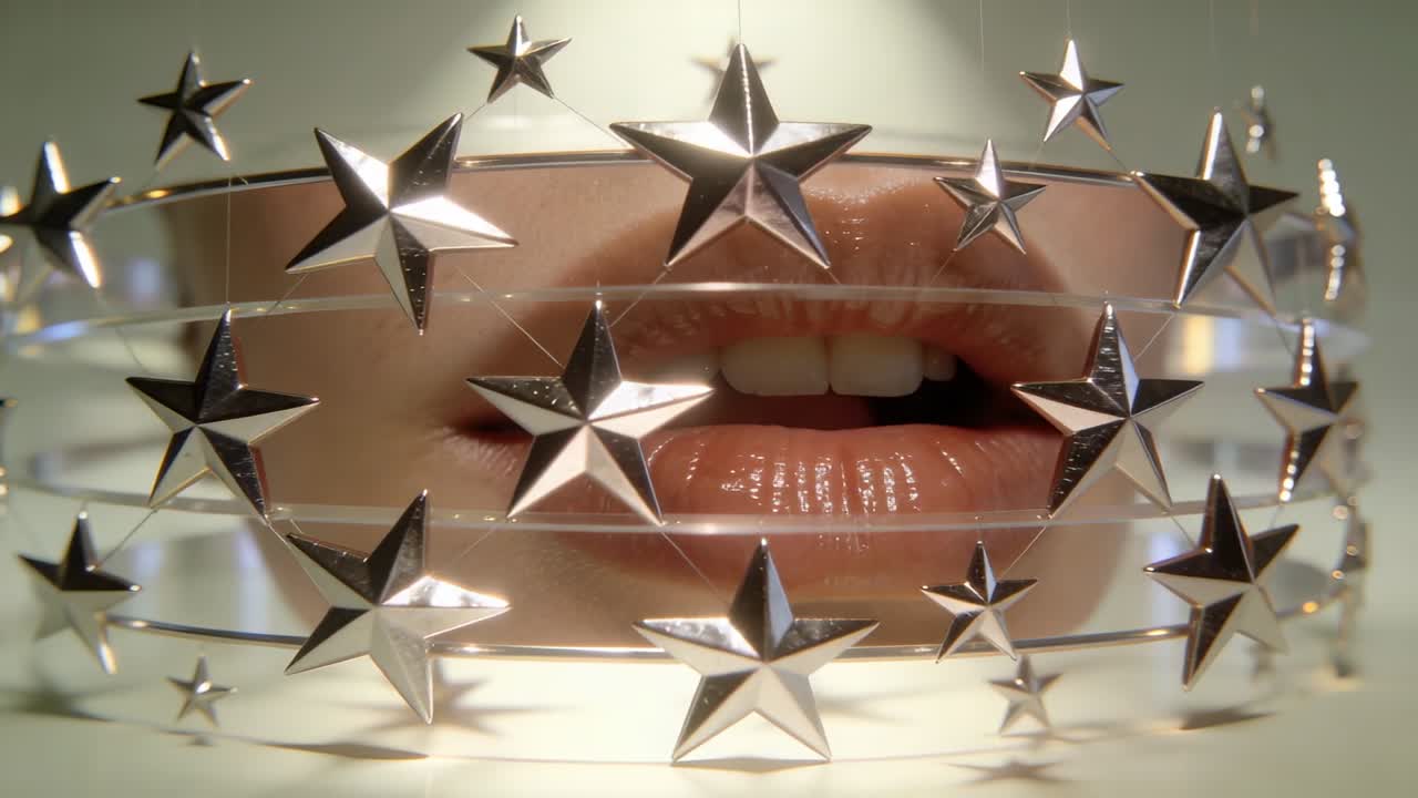 Band rotating, subject's mouth parting and moving forward while stars slide, showcasing glossy lips