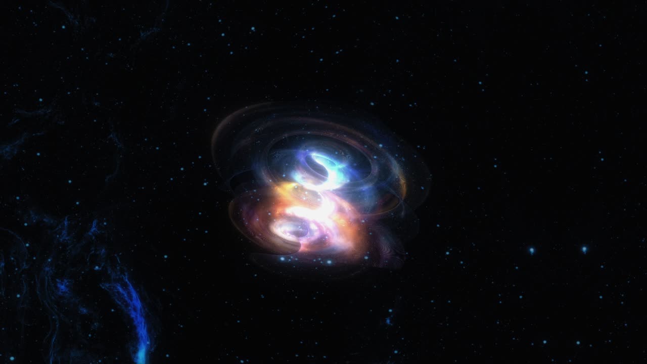 추상화 된 회전 빛나는 다채로운 정체불명의 회전 에너지 구름 4k 3d 렌더링 원활한 루프 추상화 예술 정체 불명의 빛나는 신비로운 물체는 은하계 배경에서 어두운 하늘을 향해 회전합니다.