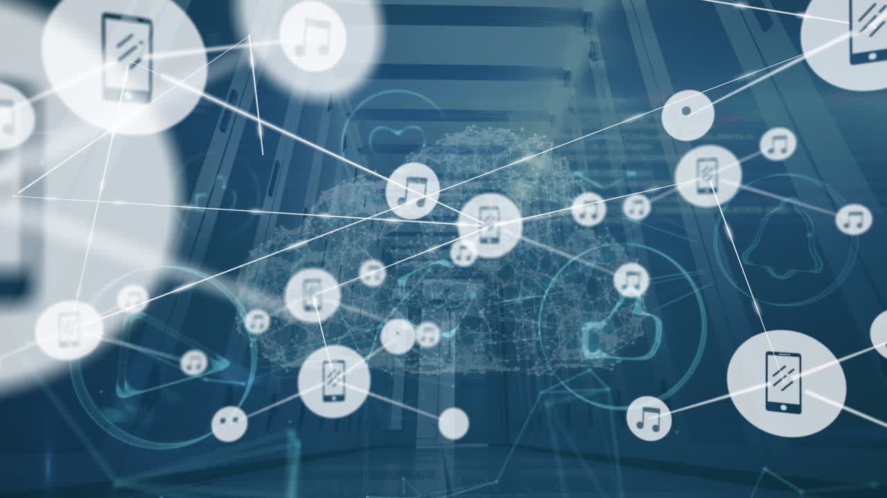 Animation of network of connections with icons over server room