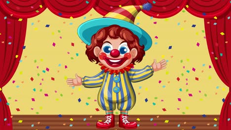 a lively clown performs on stage, surrounded by vibrant confetti, creating a joyful and festive atmosphere