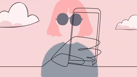animation einer zeichnung einer hand, die ein smartphone über einer frau mit brille und wolken hält.
