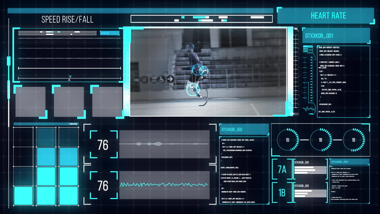 프로테시 다리를 가진 사람과 스크린에서 달리는 의료 인터페이스