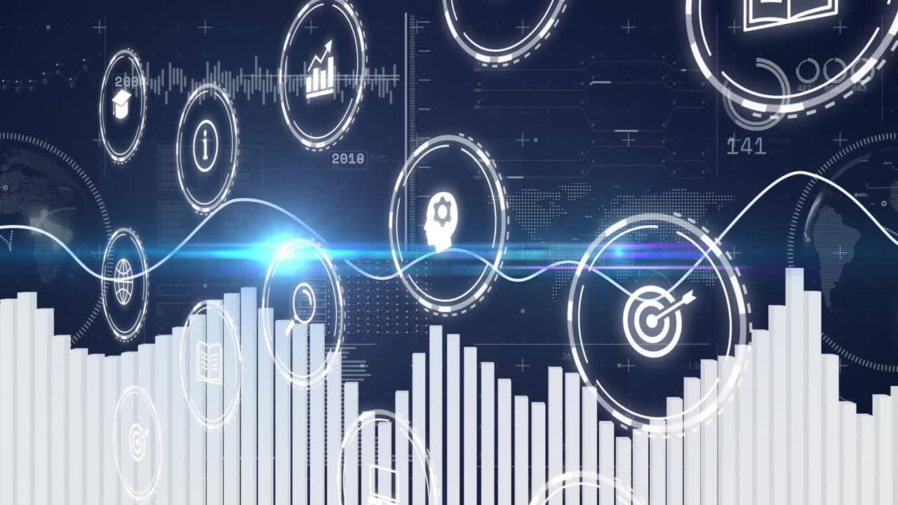 Financial data processing animation over bar graphs and digital icons