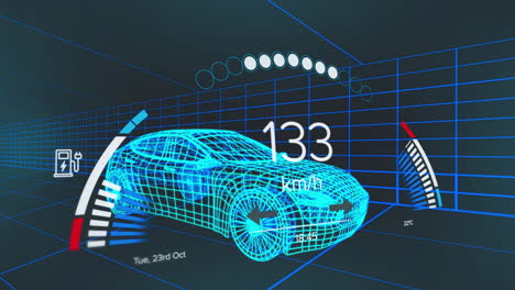 Animación-De-íconos,-Texto-Y-Números-Cambiantes-En-El-Velocímetro-Sobre-Un-Modelo-3D-De-Automóvil.