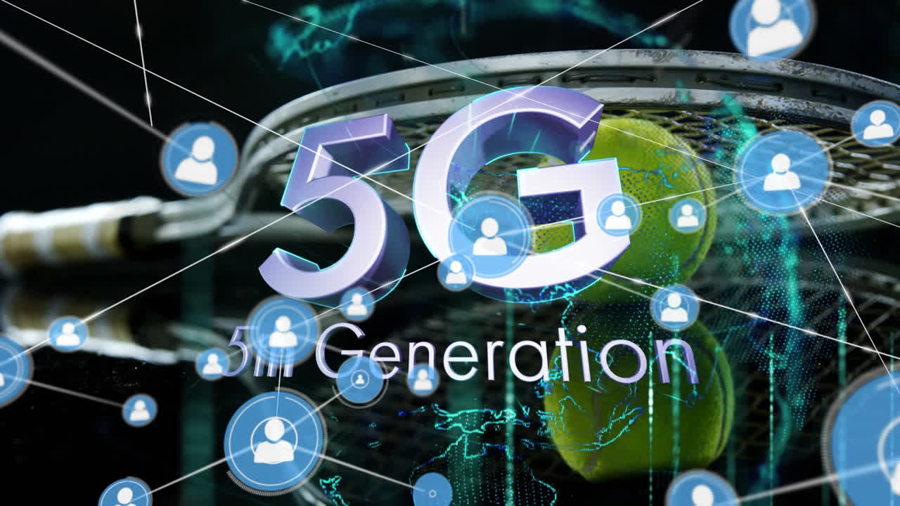 animación de la red de conexiones con iconos y globo sobre fondo negro