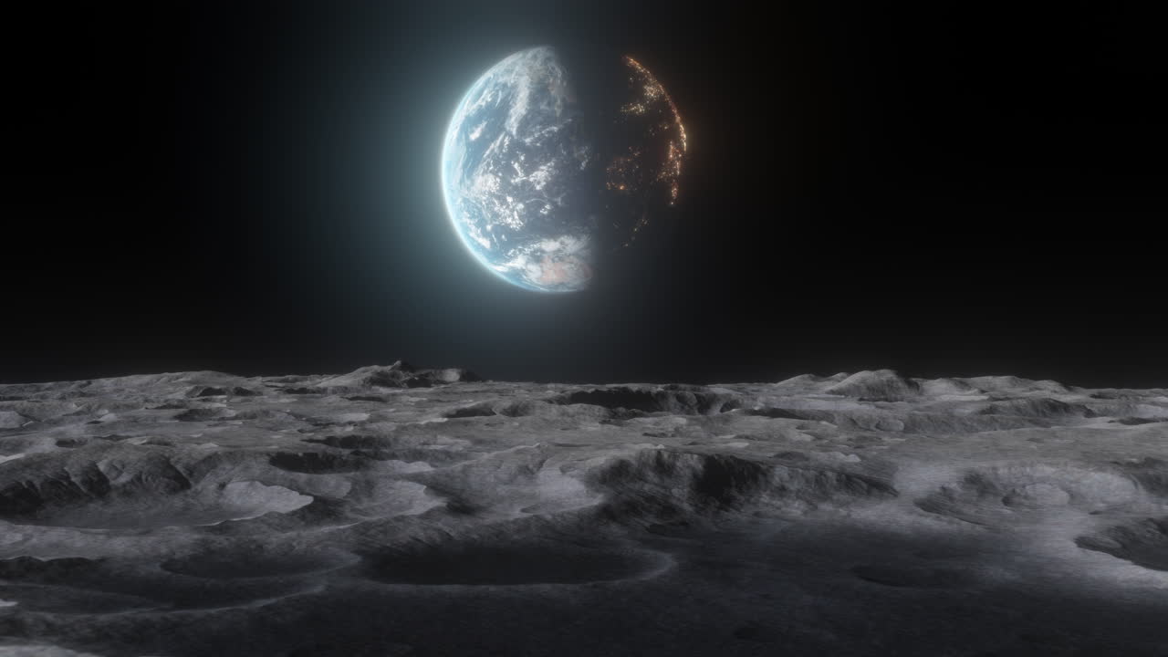 Ripresa in avanti attraverso il terreno lunare con il pianeta Terra luminoso al centro. Vista altamente dettagliata della superficie lunare con una visione drammatica di casa. Immagine di un mondo solitario e fragile da una prospettiva lunare. 3D.