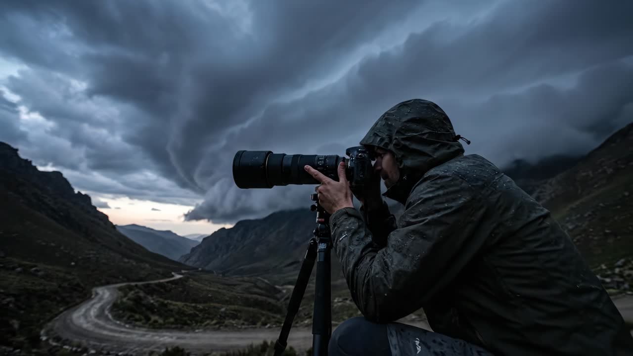 Photographer Capturing Dramatic Mountain Landscape Under Stormy Sky