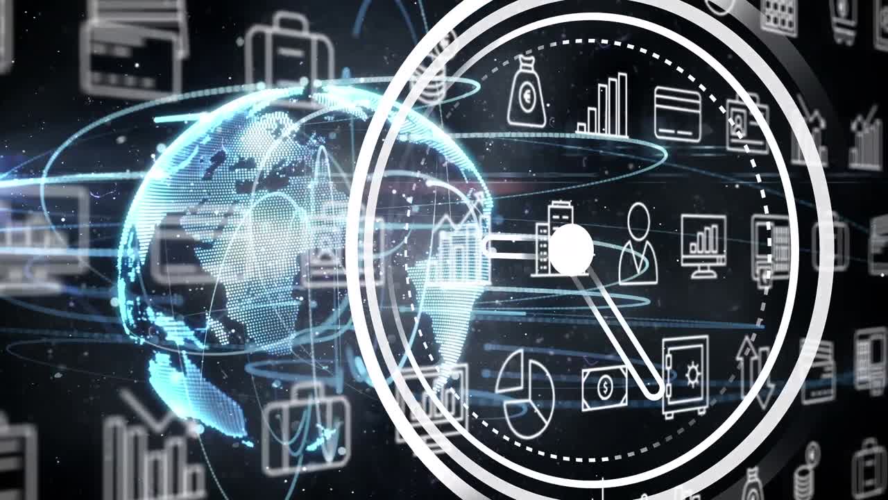 검은색 배경에 금융 아이콘 위에 회전하는 시계와 지구의 애니메이션