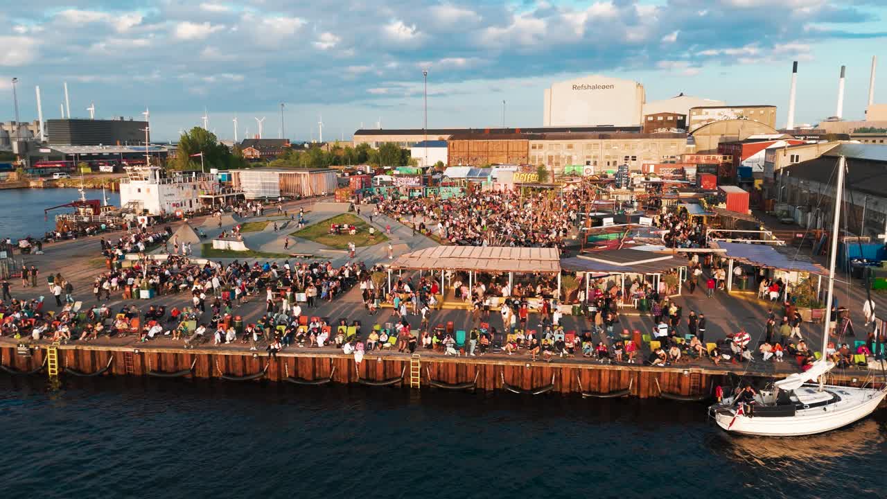Aerial - large crowd of people at Reffen street food market, Copenhagen