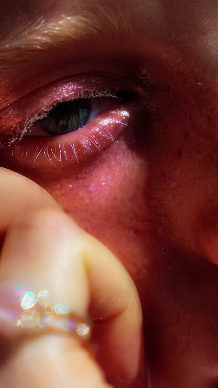 Close-up of an Eye with Glittering Makeup and a Hand Gently Touching the Face, Capturing Unique Reflections and Textures in Portrait Photography