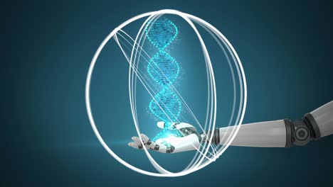 animación de la hebra de adn y círculos blancos sobre el brazo del robot