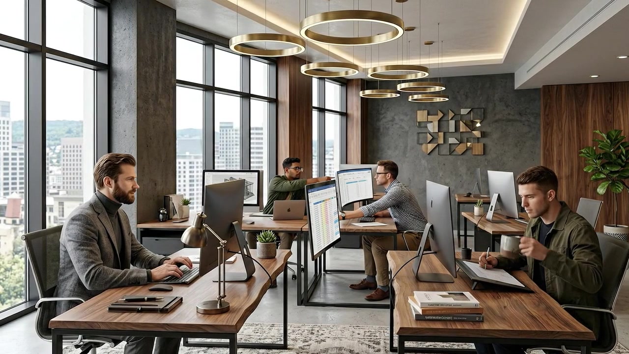 Professional working on computer with multiple monitors in modern office environment