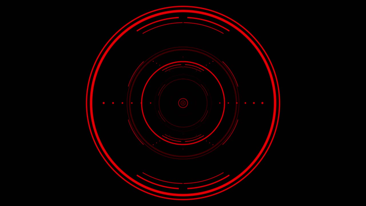 Intricate heads-up display with glowing red concentric circles, data points, and markers. Seamless loop for sci-fi, tech, or data visualization. Isolated on black background for overlay
