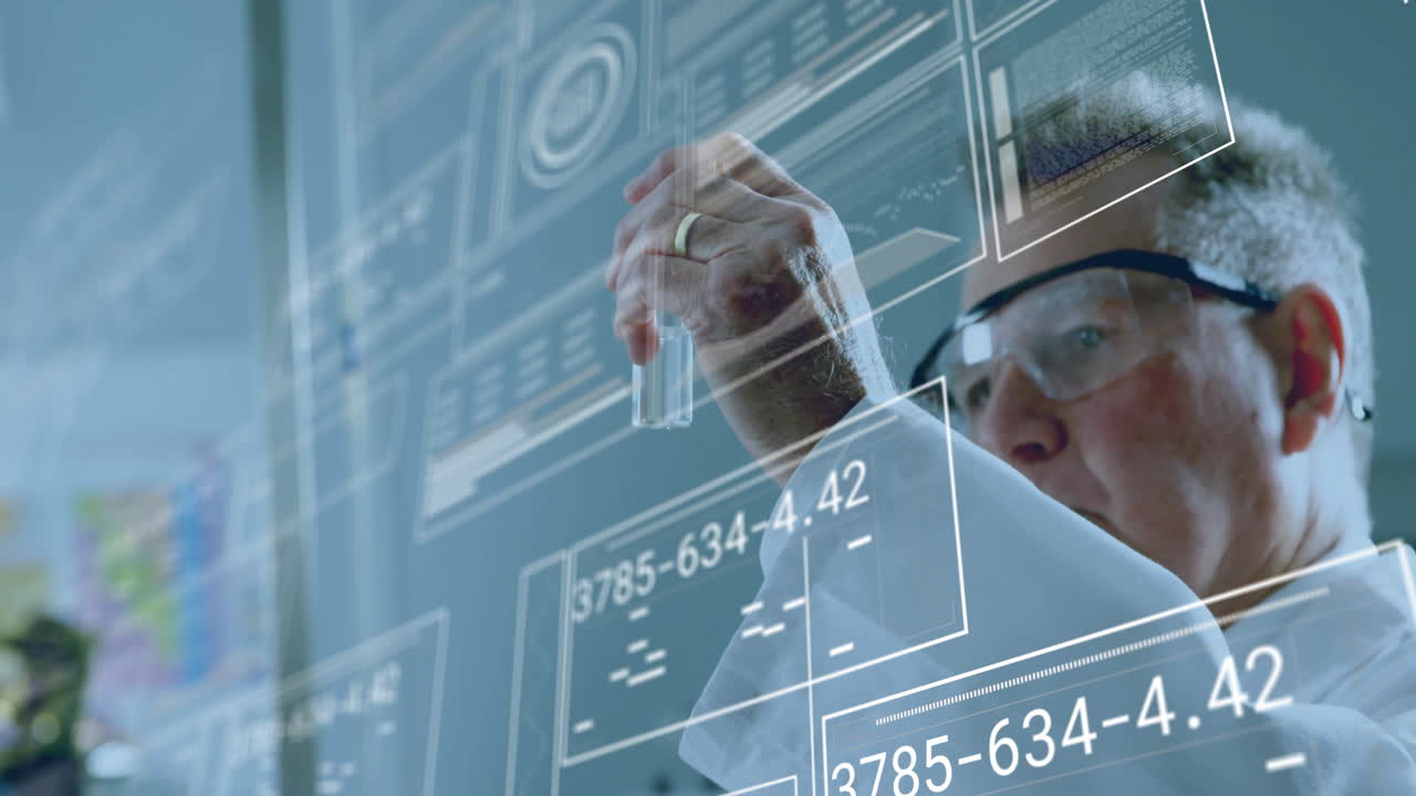 Animation of data processing over caucasian male scientist working in lab