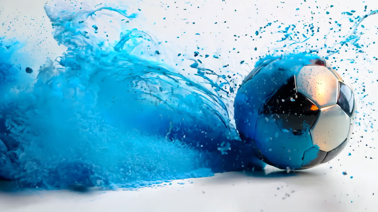 Soccer Ball Splashing Blue Paint in Dynamic Action Shot. A soccer ball dramatically splashes blue paint as it rolls, creating vibrant effects.