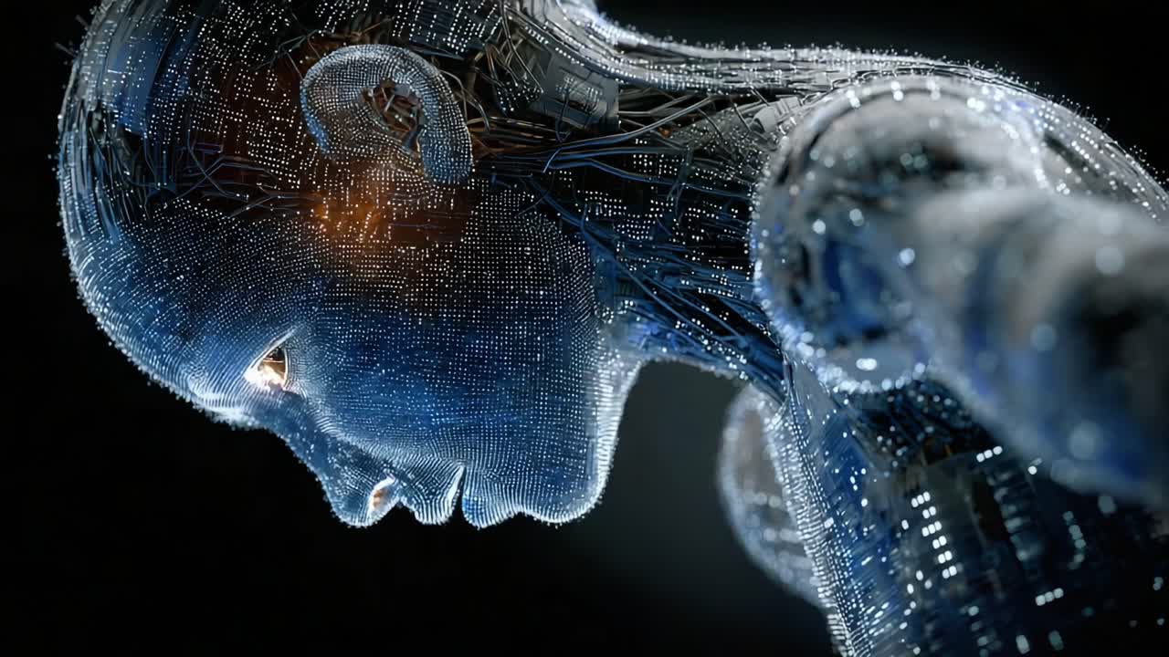 A Futuristic Representation of a Robot with Intricate Circuitry and Glowing Features – Exploring the Intersection of Technology and Human Emotion in Digital Art