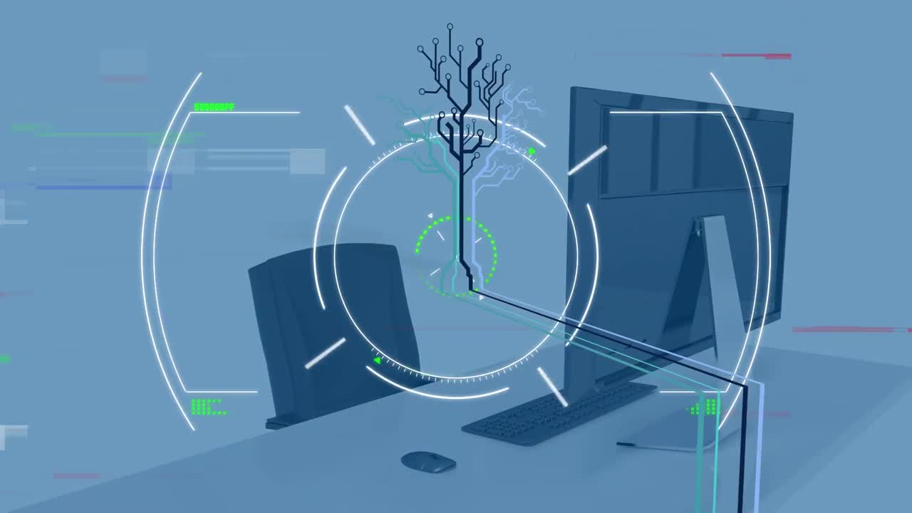 animación de interferencia y escaneo de alcance sobre la oficina vacía