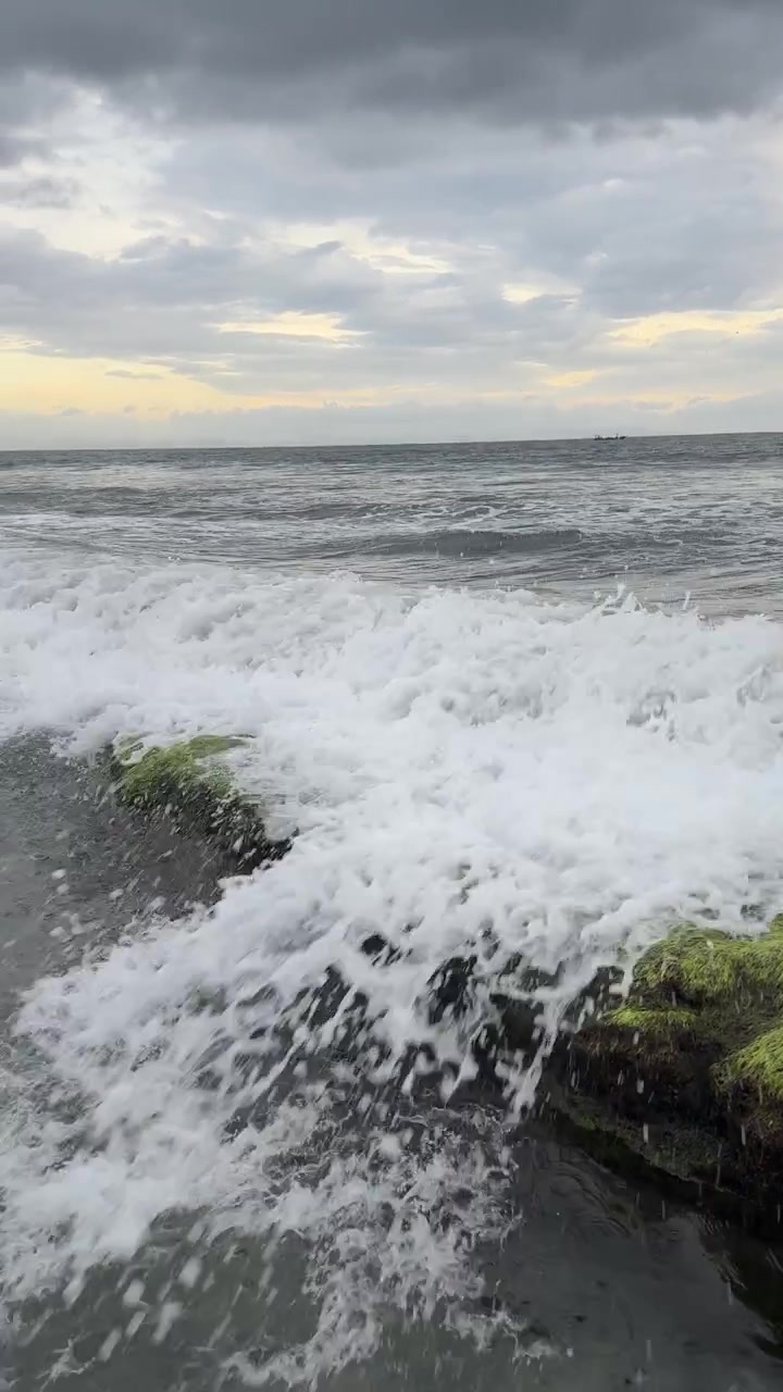 Onde marine che si infrangono su rocce coperte di muschio in una giornata nuvolosa