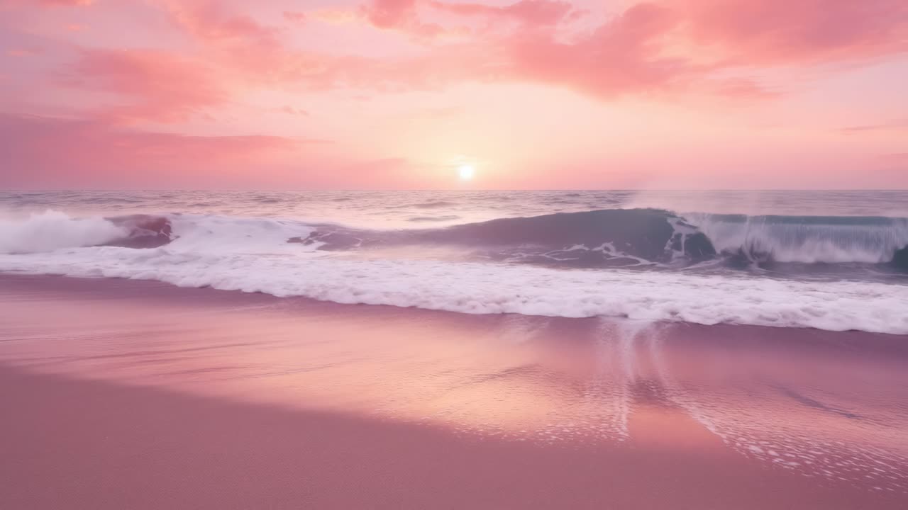 A serene sunset beach scene with gentle waves and pink skies, captured from a low angle