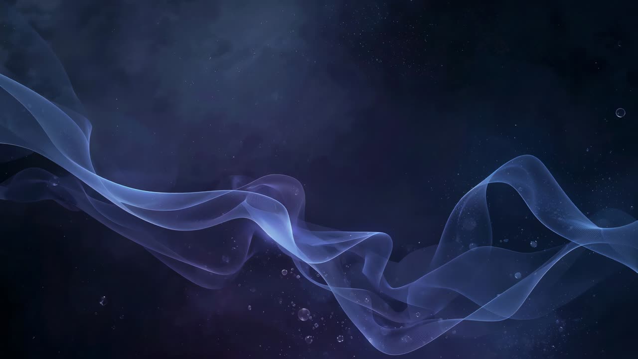 Entering left, sheer ribbon drifting, unfolding and rippling across dark nebula, emitting specks