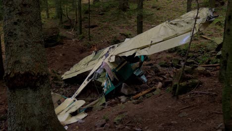 slowly panning shot of leftovers of an airplane crash in a forest in auvergne rhone-alpes