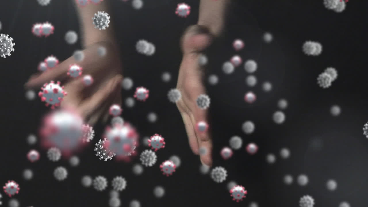 코로나19 세포가 손 는 것에 대항하여 움직입니다.