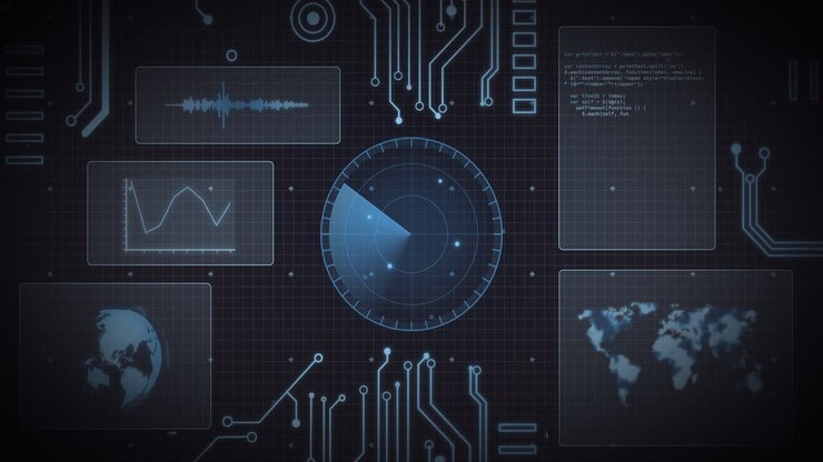 Animation of scope scanning, processor elements and data processing on screens over grid